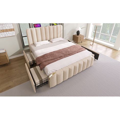 Doppelbett mit gepolstertem Leinen-Kopfteil Beige, 160x200 cm, USB-C, 4 Schubladen, 200 kg (1/5)
