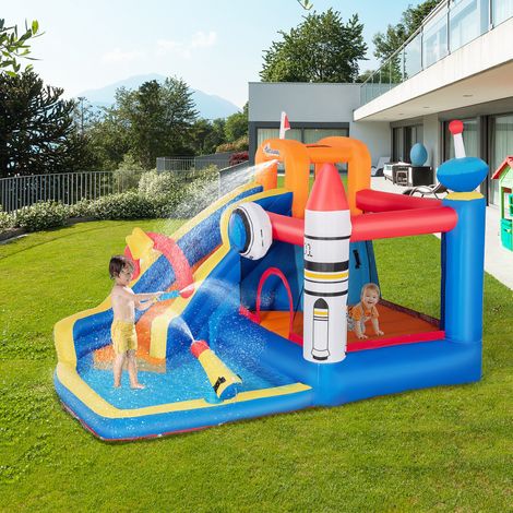 Château gonflable sur le thème spatial pour enfants de 3 à 8 ans avec - en tissu Oxford - 11 pieux et écussons inclus - 340x270x227 cm