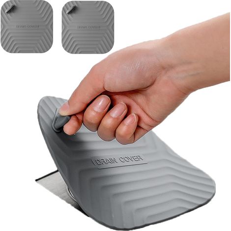 Bouchon de vidange carré en silicone, anti-odeur, pour évier et douche, gris, lot de 2. (1/5)