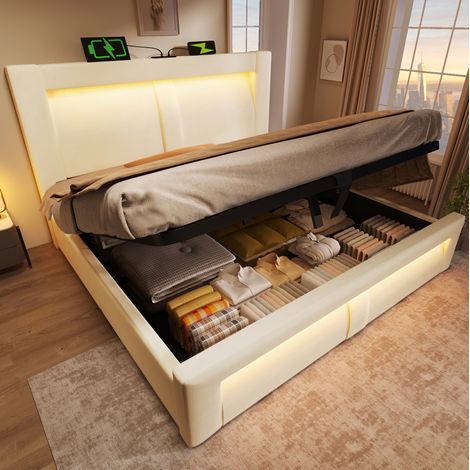 Letto con contenitore in velluto beige 180x200 cm, LED integrato, USB e Type-C, rete a doghe inclusa