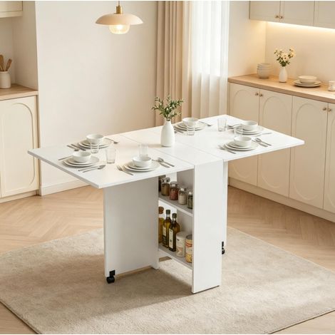 Mesa extensible plegable 75 x 140 cm con ruedas y almacenaje, blanca DESVIAE (1/5)