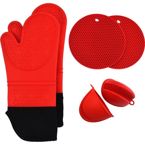 Oven Gloves Heat Resistant Silicone Oven Gloves Extra Long Non-Slip Oven Mitts,With 2 Cup Holders and 2 Finger Clips (Red, 1 Pair) (1/5)