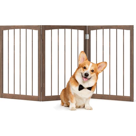 Barrière pour animaux en sapin marron, hauteur 76 cm, panneaux pivotants modulables pour chats et chiens petites et moyennes races (1/5)