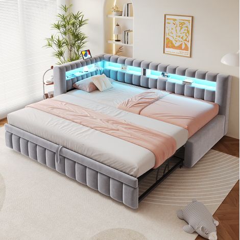 Lit banquette capitonné 90 x 200 cm avec lit gigogne, LED, USB-C, velours gris clair (1/5)