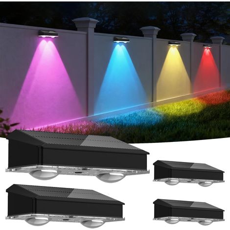Lampe Solaire Extérieur Jardin (Lot de 4), Applique Murale Solaire IP65 Étanche avec 9 Modes RGB, LED Puissante à Lentille pour Clôture, Terrasse, Escalier, Décoration de Fête (1/5)