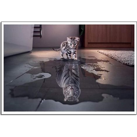 Spiegelbild eines Kätzchens in einem Tiger, Ölgemälde auf Leinwand, 30 x 45 cm (1/4)