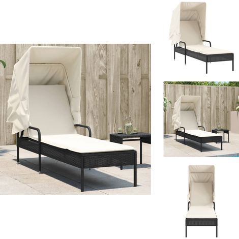 Chaise longue avec auvent noir résine tressée - Chaises Longues - Bains De Soleil - Mobilier De Jardin - Chaises Longues Pliantes - Transats (1/5)