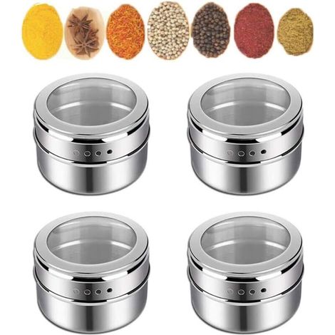 4Pcs Épices Réservoir, Pot à Épices Rond, Pots à Épices Magnétique, Pot à Épices Léger, Ensemble d'assaisonnement, Pot à Épices en Acier Inoxydable, pour Sel, Poivre , Assaisonnement aux Épices (1/5)