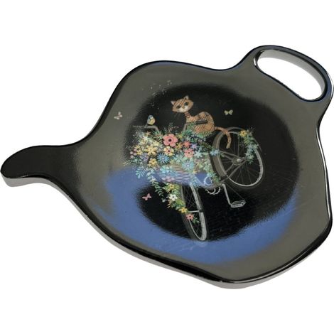 Soucoupe pour sachet de thé chat sur vélo fleuri (1/2)