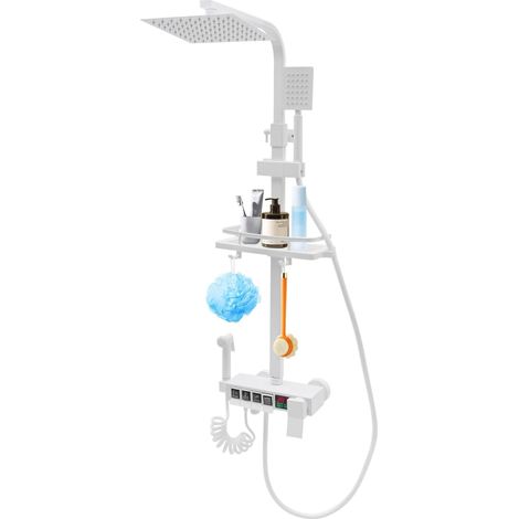 Système de douche à effet pluie avec robinet, mitigeur de douche complet avec 4 sorties, douchette à main, pommeau de douche, pour salle de bain et hôtel, avec écran LED, blanc (1/5)