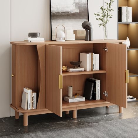 Tkopy - Buffet salon 140 x 40 x 88 cm, console entree, soffrant un espace de rangement, equipé de deux portes coulissantes, auxquelles s'ajoutent deux portes pliantes incurvées, teinte bois naturel (1/5)