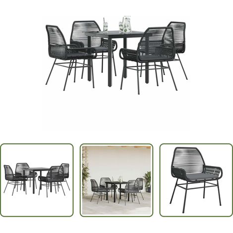 Gartentisch - 5-tlg. Garten-Essgruppe mit Kissen Schwarz Poly Rattan Glas (1/5)