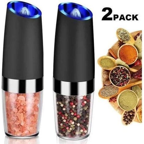 Kimjo Moulin à sel et à Poivre électrique Gravité Réglable - en Acier Inoxydable avec Lampe LED- Lot de 2 (1/4)