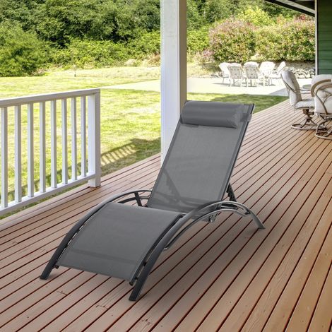 Outsunny Aluminium-Sonnenliege mit 5-fach verstellbarer Rückenlehne und abnehmbarer, gepolsterter Textilene-Kopfstütze für Garten, Terrasse und Balkon, 171 x 64 x 82 cm, Grau