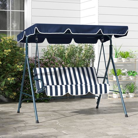 Balancelle de jardin trois places avec pare-soleil. En acier et polyester. 172 x 110 x 153 cm. Blanc et bleu.