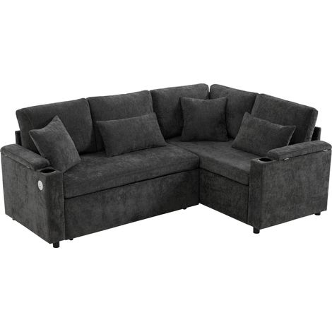 Canapé d'angle convertible, avec espace de rangement, port de chargement USB, 4 coussins, en Tissu Chenille, gris (1/5)