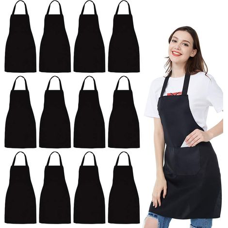 Lot de 12 tabliers unisexes avec 2 grandes poches lavables en machine pour la cuisine, les travaux manuels, le barbecue, le dessin, noir (1/5)