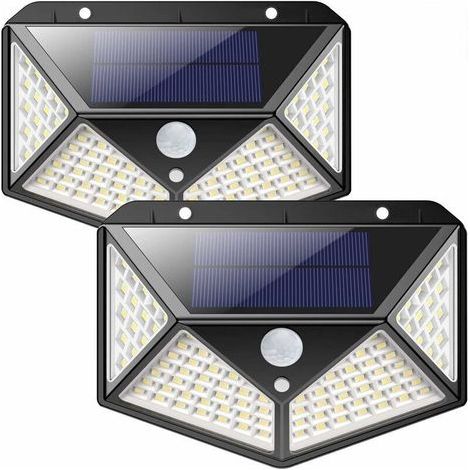 2er-Set Solar-Außenleuchten, 100 LEDs, mit Bewegungsmelder, IP65 wasserdicht, 3 Modi, für Garten, Zaun, Terrasse, Haustür, Garage usw. (DEBUNS) (1/5)