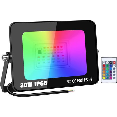 1 Pack 30W Projecteur LED RGB Exterieur avec IR Télécommande  RGBW Projecteur LED Exterieur, 16 Couleurs 4 Modes, Neon Spot Led pour Jadin Terrasse Patio Décorations, étanche, Sans Prise (1/5)