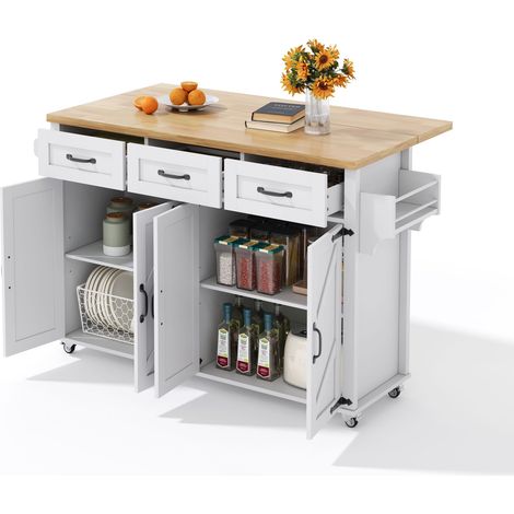 Îlot central de cuisine extensible Blanc,Desserte Cuisine avec 4 portes,3 tiroirs,plan de travail,140x43(70)x90.5cm (1/5)