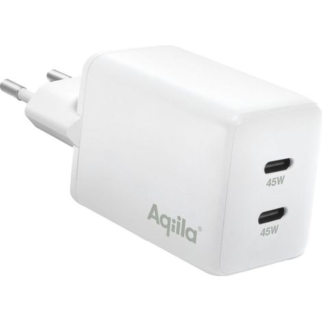 Aqiila Chargebird W2 - USB-C Ladegerät (45 W, GaN-Technologie, 2 USB-C PD-Ports, kompaktes Design, 100-240 V, weltweit einsetzbar, plastikfreie Verpackung), Farbe white (1/5)