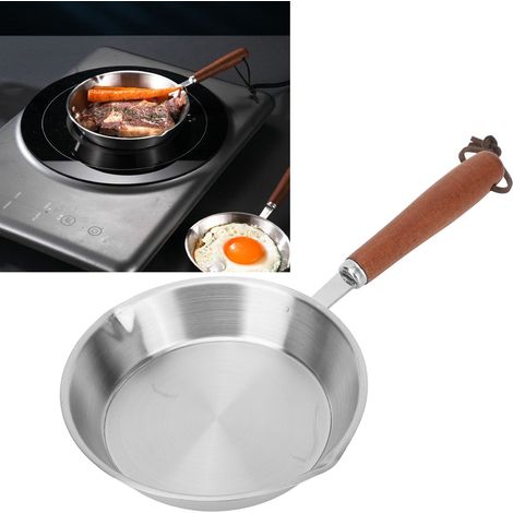 Mini poêle à frire en acier inoxydable, fond plat, convient à un usage domestique et professionnel, sans revêtement, antiadhésive, compatible avec les plaques de cuisson à gaz et à induction, 16 cm. (1/5)