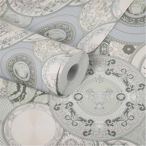 Papier peint gris baroque original pour salon Tapisserie grise motif rond coral & Médusa Papiers peints originaux pour chambre (1/5)