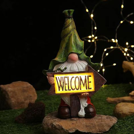Figurine de jardin en résine - Décoration de Noël Longue barbe avec panneau de bienvenue et lumières LED Festif (1/5)