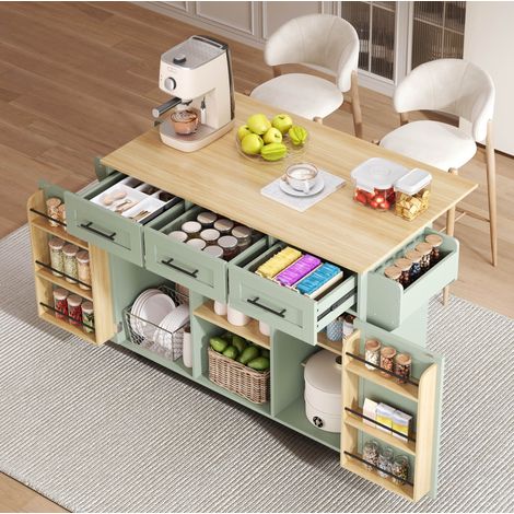 Carro de cocina 139/46(71)/91,5 cm en verde antiguo con tapa abatible y gran almacenaje (1/5)