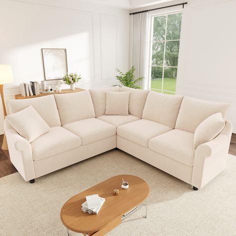 Canapé d’angle en L 5 places 217x217 cm, assise profonde, accoudoirs arrondis, mousse haute résilience, ressorts ensachés, chenille beige (1/5)