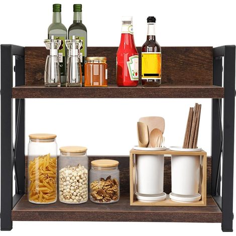 Étagère de cuisine à deux niveaux, en fer et MDF marron, étagère à épices avec grande capacité de charge pour rangement dans cuisine, bureau et chambre à coucher (1/5)