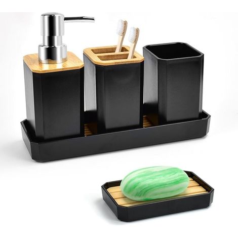 BEBUSINGOTO 5-teiliges Badezimmer-Zubehör-Set aus Bambus, Badezimmer-Zubehör-Set mit Lotionflasche, Zahnbürstenhalter, Zahnputzbecher, Seifenschale, Tablett (Schwarz)