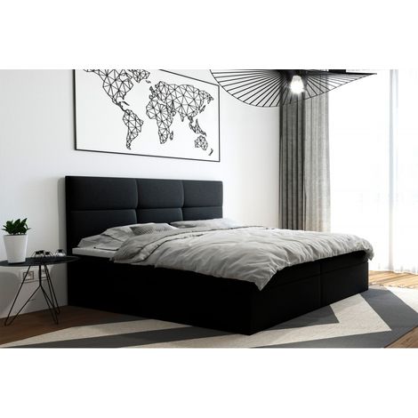 Lit adulte 180x200 cm TOP - avec matelas rangement et surmatelas - tissu velours – noir (1/3)