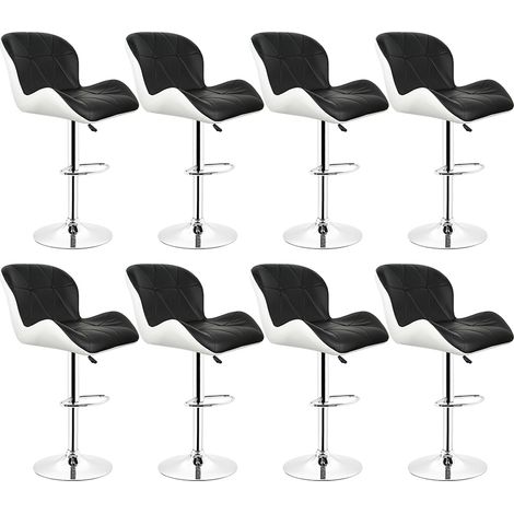 Lot de 8 Tabourets De Bar avec Dossier Hauteur Reglable 62cm - 82cm en Simili PU et PVC Noir/Blanc (1/5)