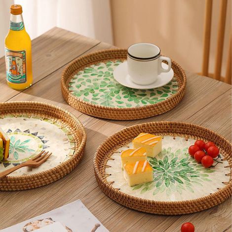 2pcs Plateau Rotin Artisanal Coquillage Coloré Assiette Fruit Table Basse Rangement Pain Snack Salon (1/3)