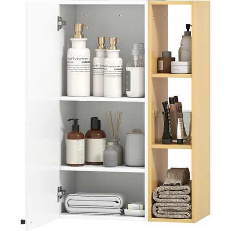 Armoire murale salle de bain portes fermeture douce, étagères réglables et 3 niches ouvertes, 59,5 x 30 x 90 cm, blanc et bois, pour salon
