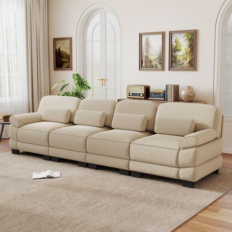 Canapé droit modulable 4 places 336 x 88,5 x 94 cm avec coussins lombaires, assise profonde et modules reliés, velours côtelé, beige (1/5)