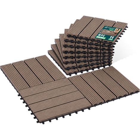 VOUNOT® Lot de 11 Dalles clipsables extérieur 30x30 cm - WPC - Caillebotis de terrasse antidérapant et drainant - Marron (1/5)