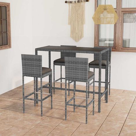 Ensemble Table de bar + 4 Chaises de bar de jardin - Table Haute avec 4 Tabourets et coussins Résine tressée Gris BV151321 - BonneVie (1/5)