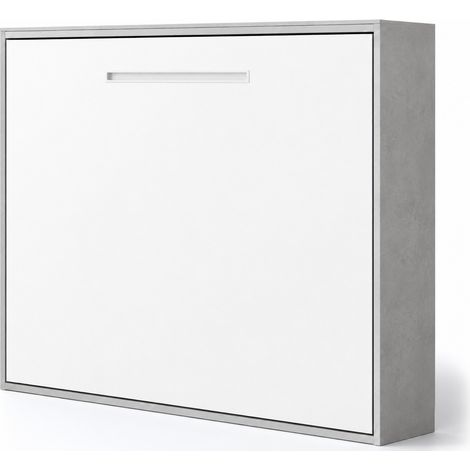 Lit escamotable horizontal MOLANE – Sommier à lattes - Poignée incurvée acier blanc 59cm Sans matelas Gris ciment-80x190-Cadre Gris ciment-Façade Blanche (1/5)