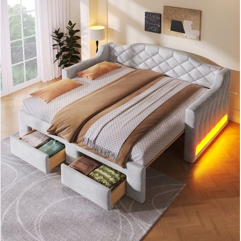 Lit gigogne 90x200 cm avec 2 tiroirs, LED, en tissu, gris, sans matelas (1/5)