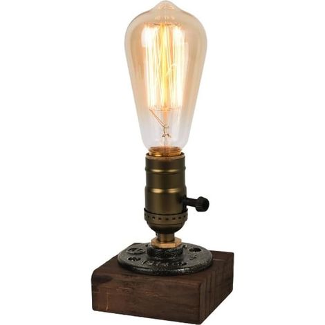 Lampe de bureau industrielle à base de bois, petite lampe de chevet for chambre, salle à manger, cuisine, bureau,9×9×13cm (avec ampoule T64 à lumière chaude) (1/5)