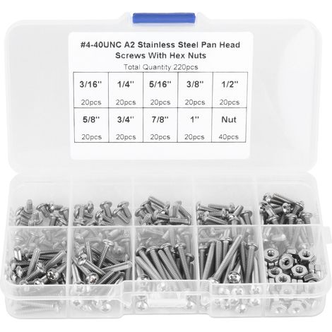 Vis à tête cylindrique croisée en acier inoxydable 304, avec écrous hexagonaux, rondelles, Kit de vis, 220 pièces 4-40UNC (1/5)