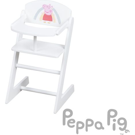 Chaise Haute en Bois pour Poupée Jusqu'à 60 cm de Long + Coussin Rose et Plateau Repas - Motif Truie et Arc-en-Ciel - Hauteur 52 cm - dès 3 Ans - Blanc/Rose (1/5)