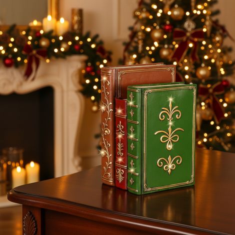 Libri verdi e marroni con led per decorazioni natalizie da h 27 cm