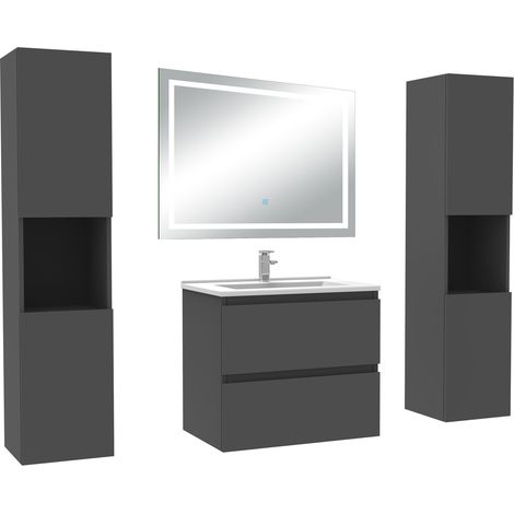 Aica Ensemble meubles Salle de Bain 60cm avec Colonne + Miroir Lumineux 3 Couleurs et Dimmable Anthracite