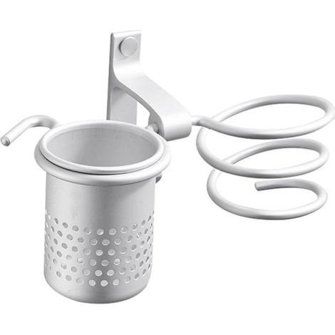 (Argent) Support multifonctionnel pour sèche-cheveux en aluminium, organiseur mural pour salle de bains, support multifonctionnel pour sèche-cheveux (1/5)