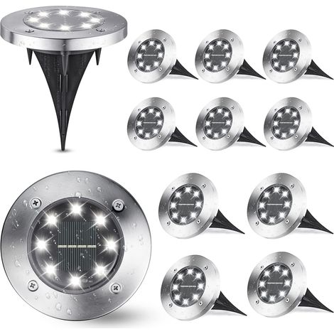 Juego de 12 luces solares blancas para jardín, 8 LED 6000K, resistentes al agua IP65, para entrada de vehículos, césped, patio, jardín, piscina. (1/5)