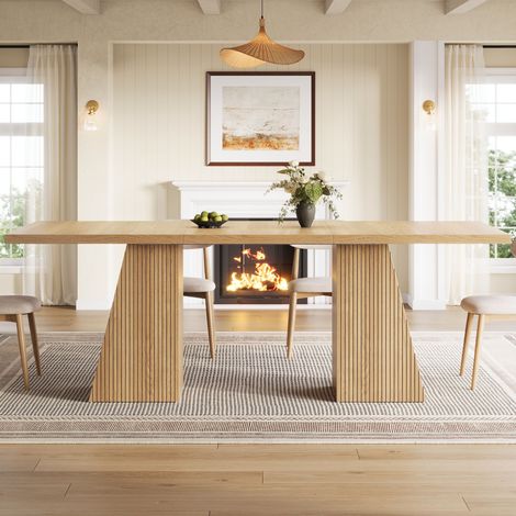 Table à manger extensible 120-160x80 cm pour 4 à 6 personnes, pieds trapézoïdaux à rainures verticales, patins antidérapants, effet chêne clair (1/5)