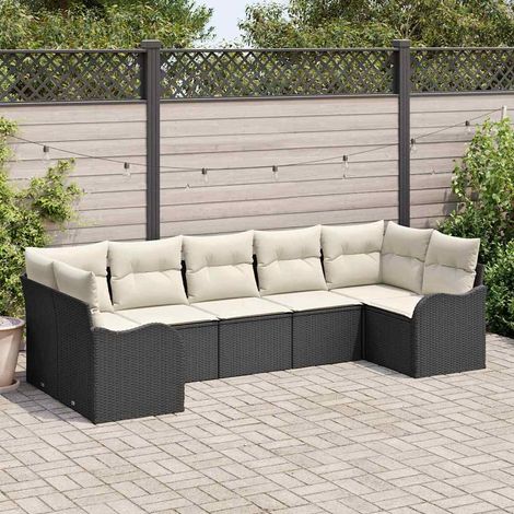 Garten-Sofa-Set mit Speicher 7 pcs Schwarz und Weiß Poly Rattan